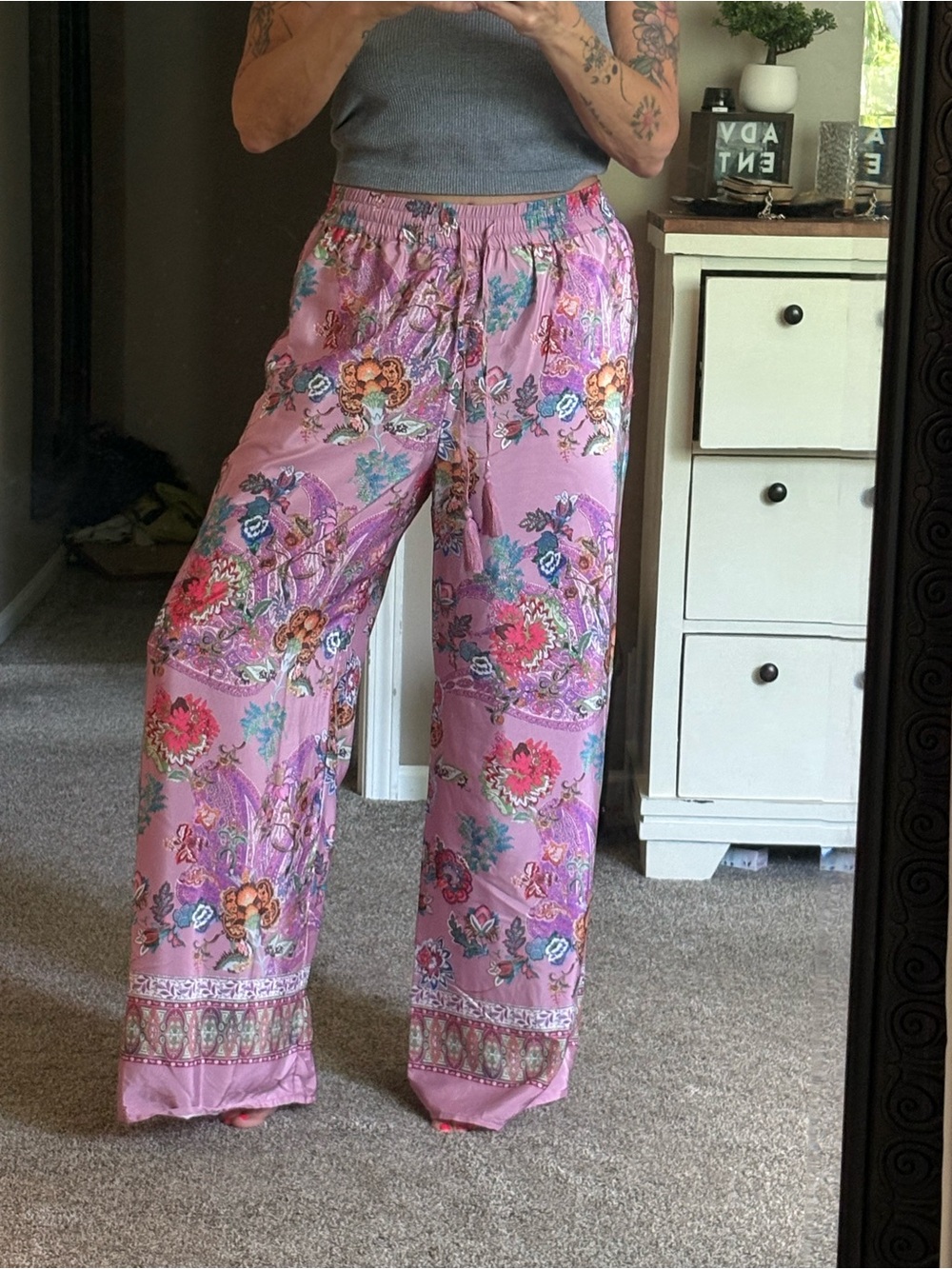 Pink Floral Bohemian Wide-Leg Lounge Pants size large